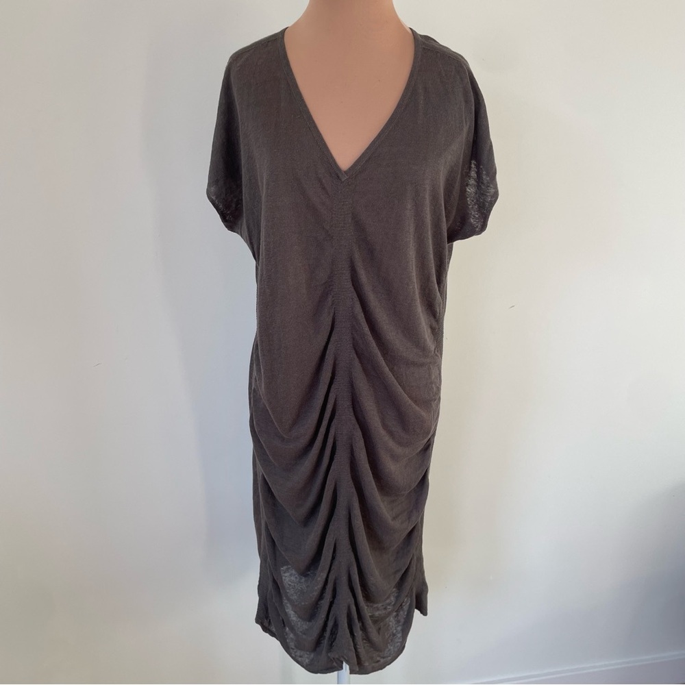 Christopher Fischer Gray Brown V-Neck Ruched Semi Sheer Linen Dress EUC Size M
